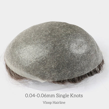 Full thin-skin toupee cap, 0.04–0.06mm single knots, v-loop hairline, gray base