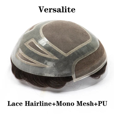 Men's lace front toupee wig with mono mesh and PU base, dark brown hair, natural hairline