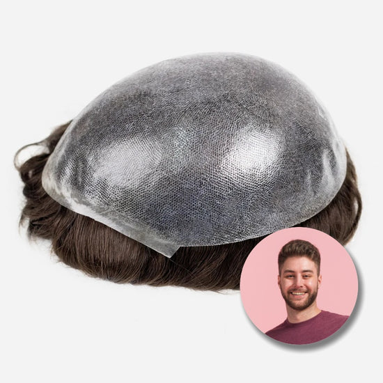 Injected skin hair system with gray skin base and dark brown hair, side view