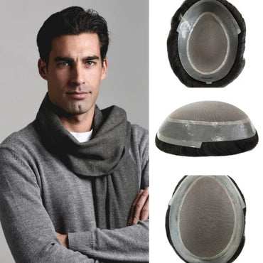 Men’s gray mono PU base toupee with dark hair and visible hairline edge