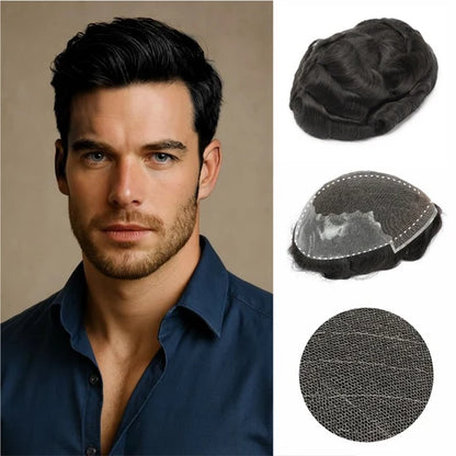 Q6 base Men's Non Surgical Hair Replacement  Swiss Lace With Skin Poly Back and Middle Best for Gym（Buy One, Get One Free ）