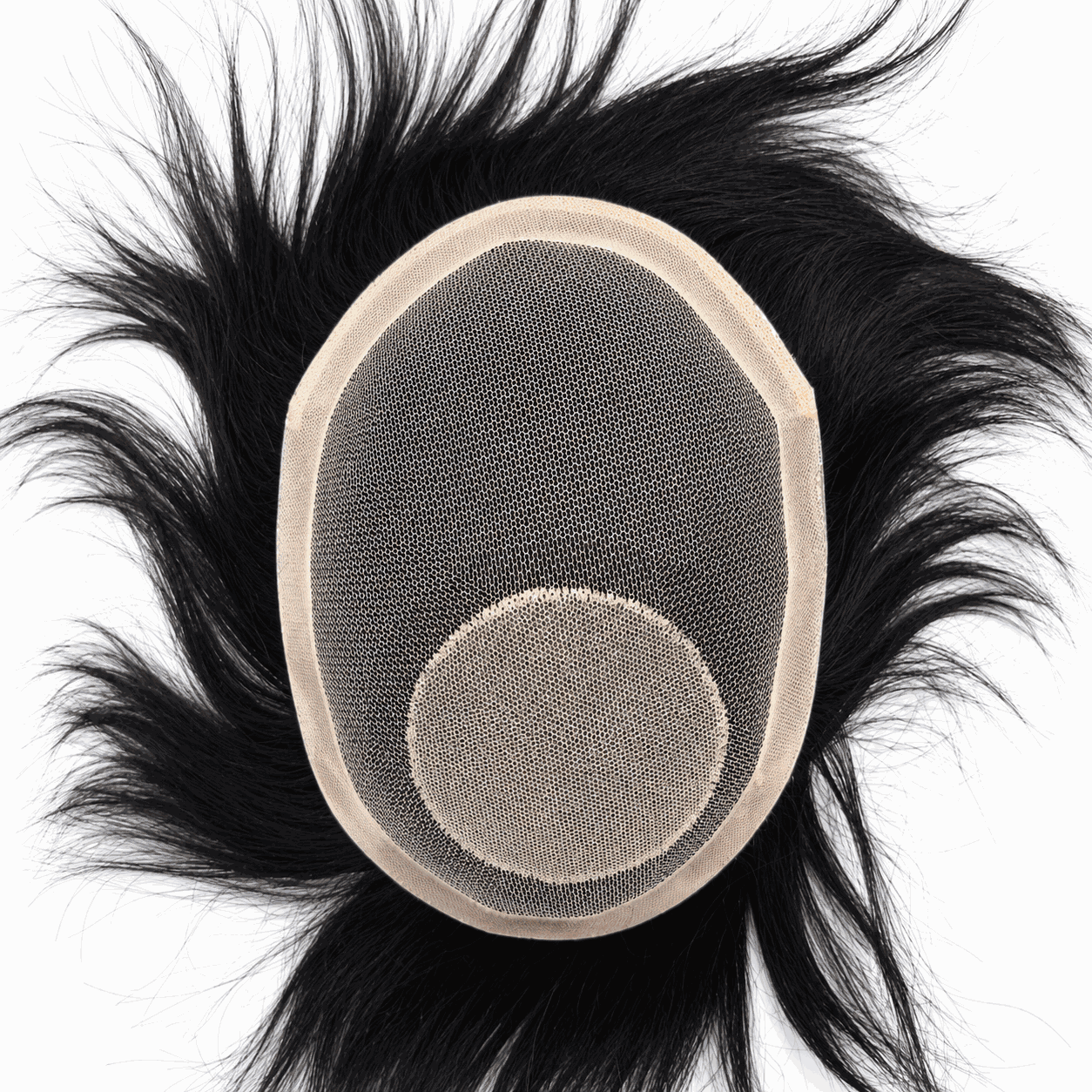 Men's hairpiece wig with oval lace/scalp patch and thick black hair, close-up