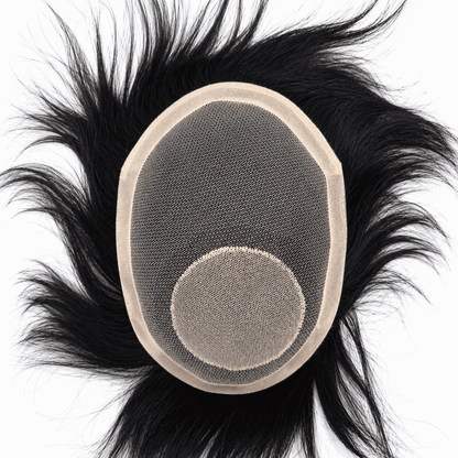 Men's hairpiece wig with oval lace/scalp patch and thick black hair, close-up