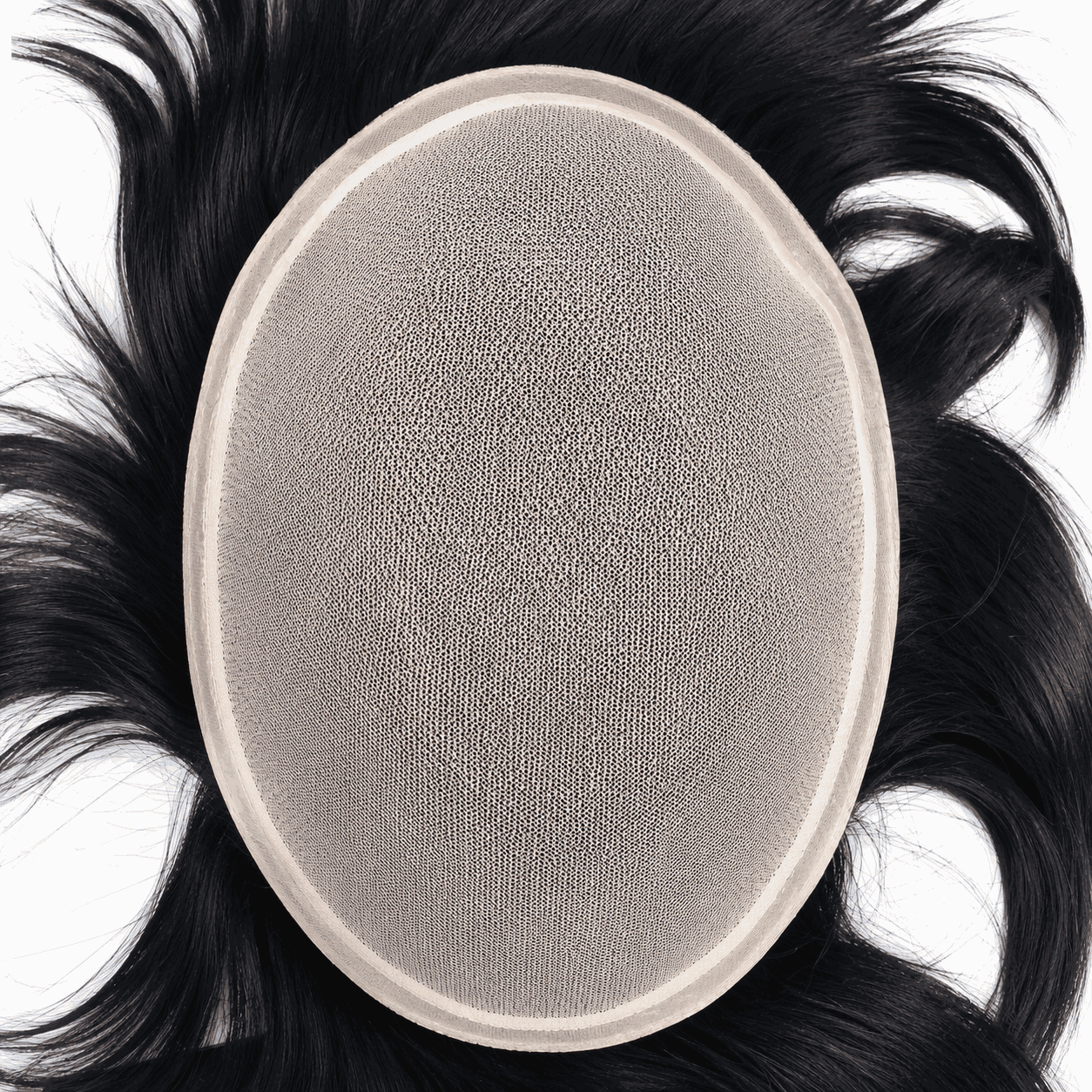 Men's hairpiece wig with gray scalp base oval patch and long black hair strands
