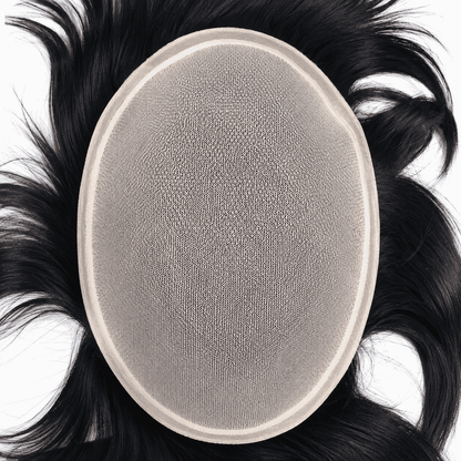 Men's hairpiece wig with gray scalp base oval patch and long black hair strands