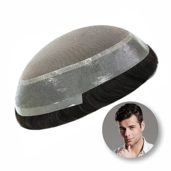 Men’s mono PU mesh toupee with gray base and dark hair, oval crown