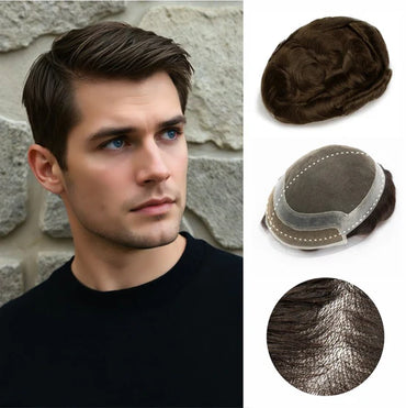 Men's hair system with dark hair and light-brown lace base