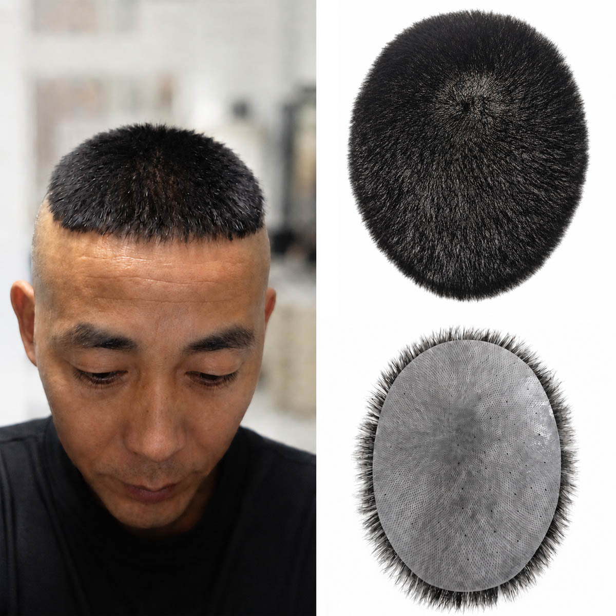 Men's hairpiece wig pads: black hair top and gray oval base, two views