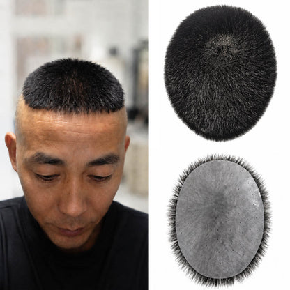 Men's hairpiece wig pads: black hair top and gray oval base, two views