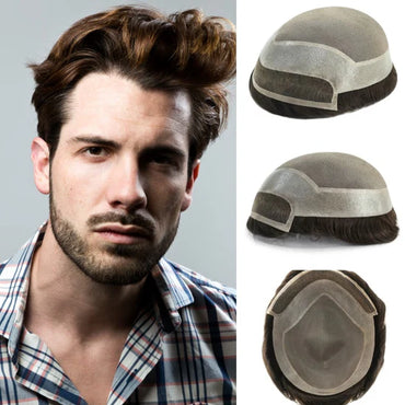 Men toupee system with light gray base, dark brown hair, lace hairline and crown view