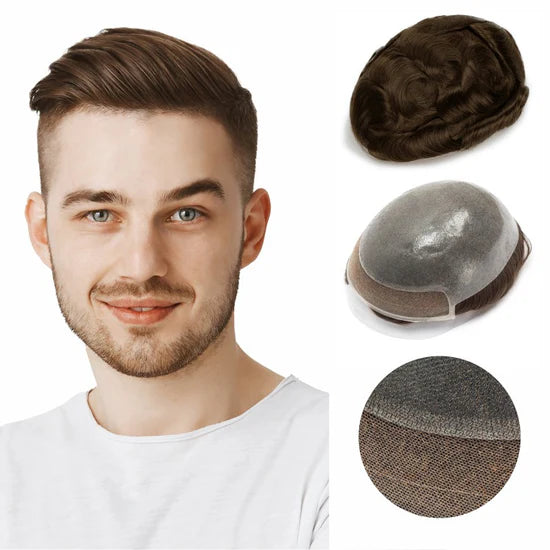 Men's lace-front hair system in dark brown, model view and base close-up