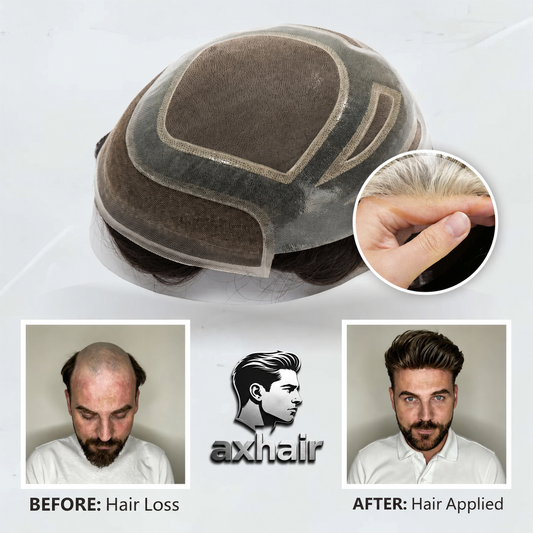 Men's lace hairline wig with mono mesh and PU base, dark brown hair, close-up hairline inset