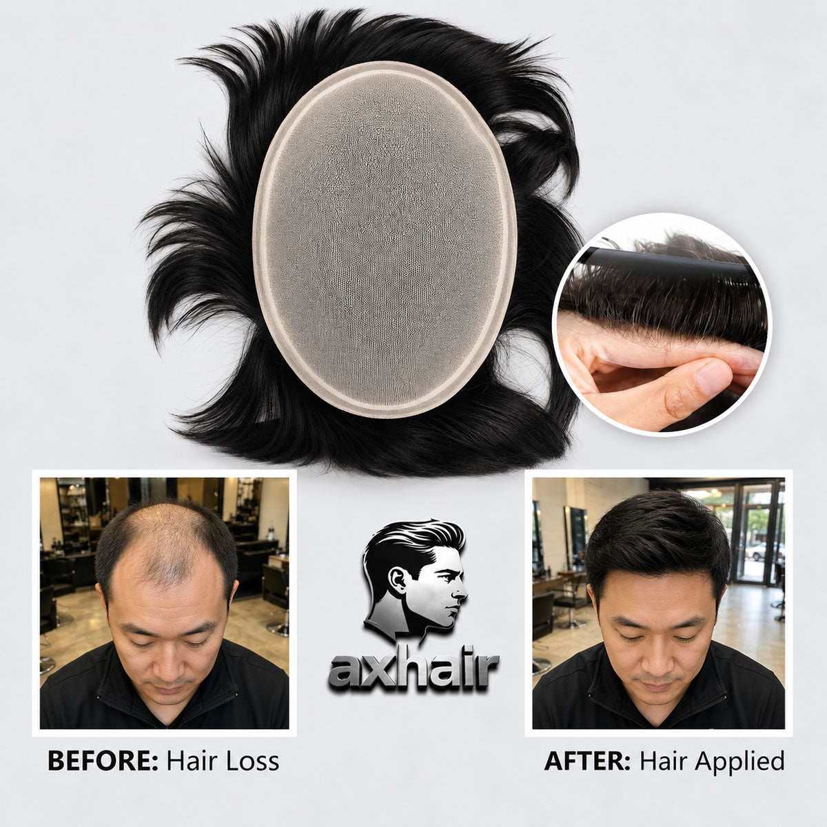 Men's hairpiece wig with oval scalp base and voluminous black hair, application inset