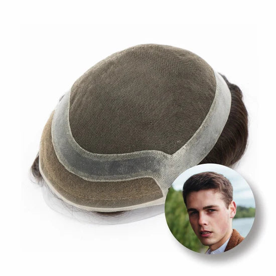 Men's full lace hair system with taupe thin-skin center and dark hair