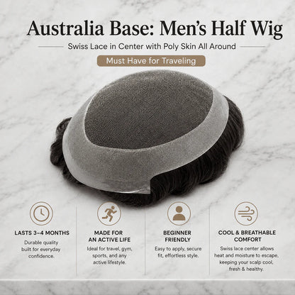 Australia Base: Men's Half Wig  Swiss Lace in Center with Poly skin All Around  Must Have for Traveling