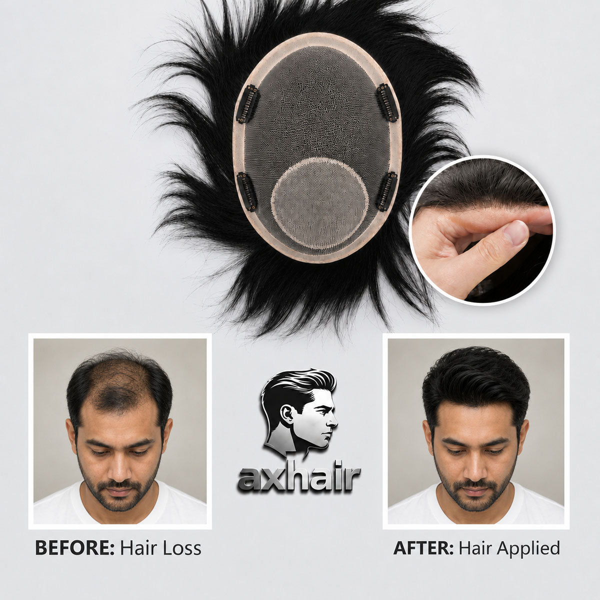 Men's hairpiece wig with gray scalp base and side clips, inset shows hand adjusting