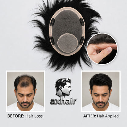 Men's hairpiece wig with gray scalp base and side clips, inset shows hand adjusting