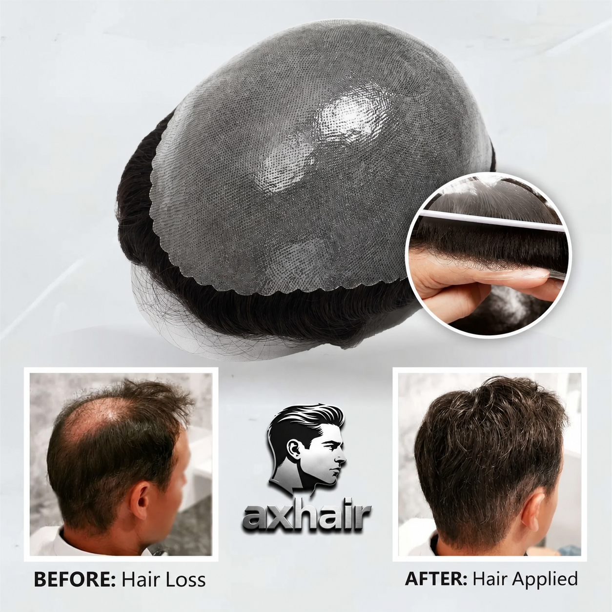 Men's full skin-base hair unit with dark wavy hair; inset shows hairline detail