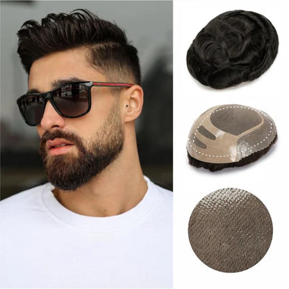 Fine Mono Hairpiece for Men With NPU Gauze Crown & Perimeter and Skin Front