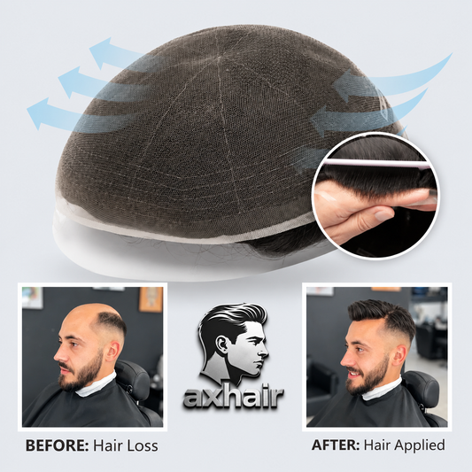 Full lace men’s toupee with breathable mesh cap and dark hair, inset close-up of edge