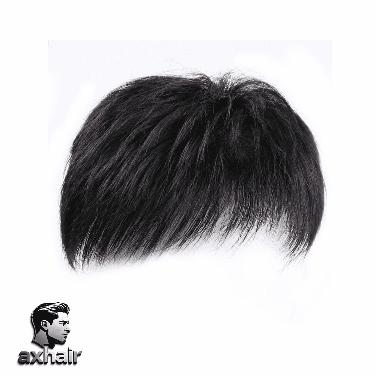 Black clip-on hairpiece panel with curved shape and blunt fringe bangs