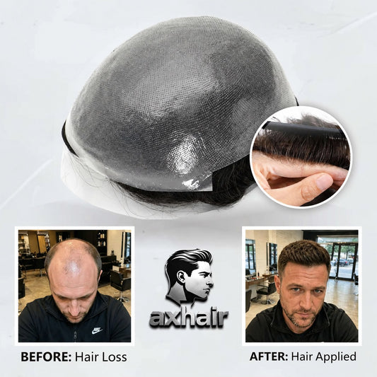 Men's thin skin toupee with gray base and dark hair, shown with close-up hairline