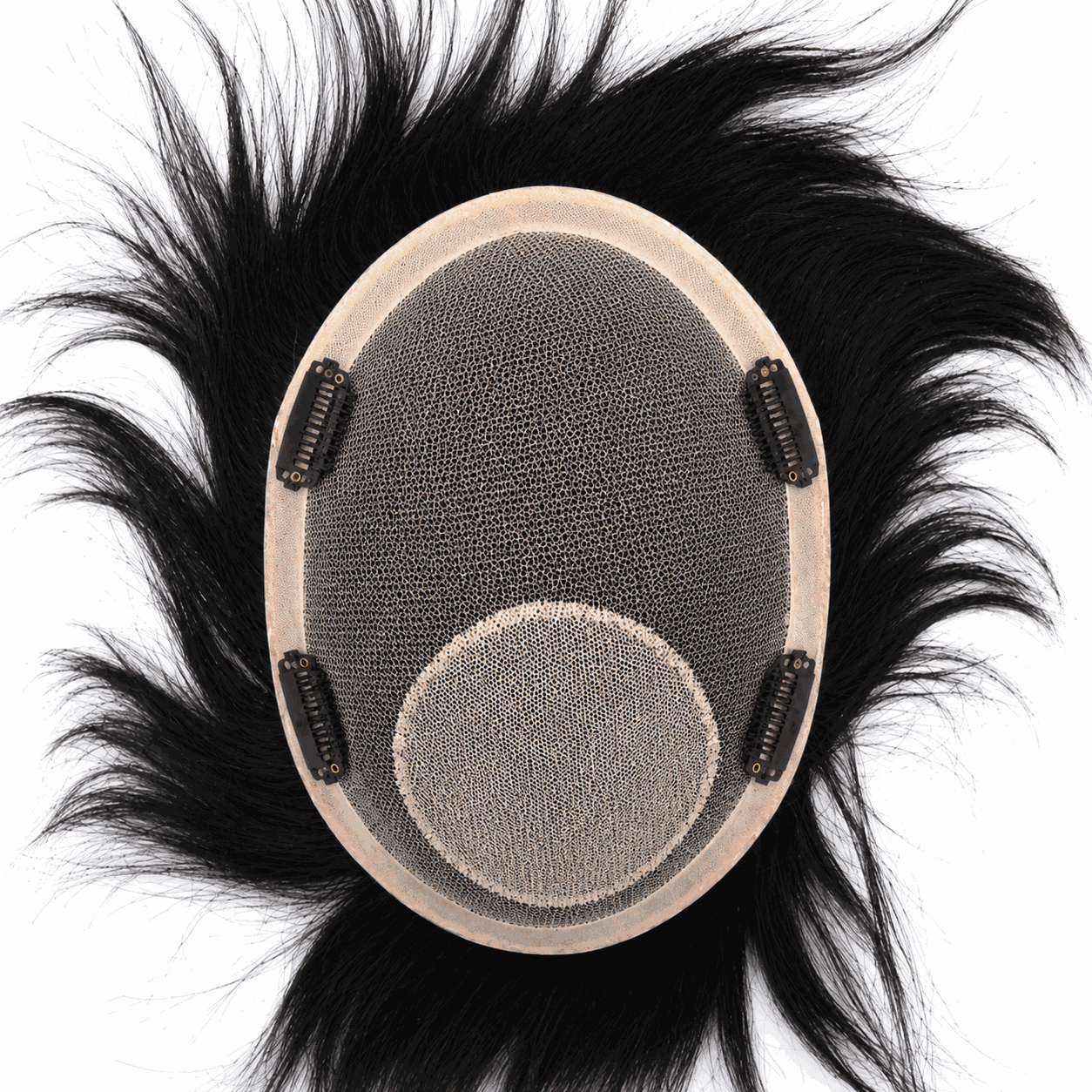 Men's hairpiece wig with gray scalp base oval patch and four visible attachment clips