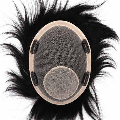 Men's hairpiece wig with gray scalp base oval patch and four visible attachment clips