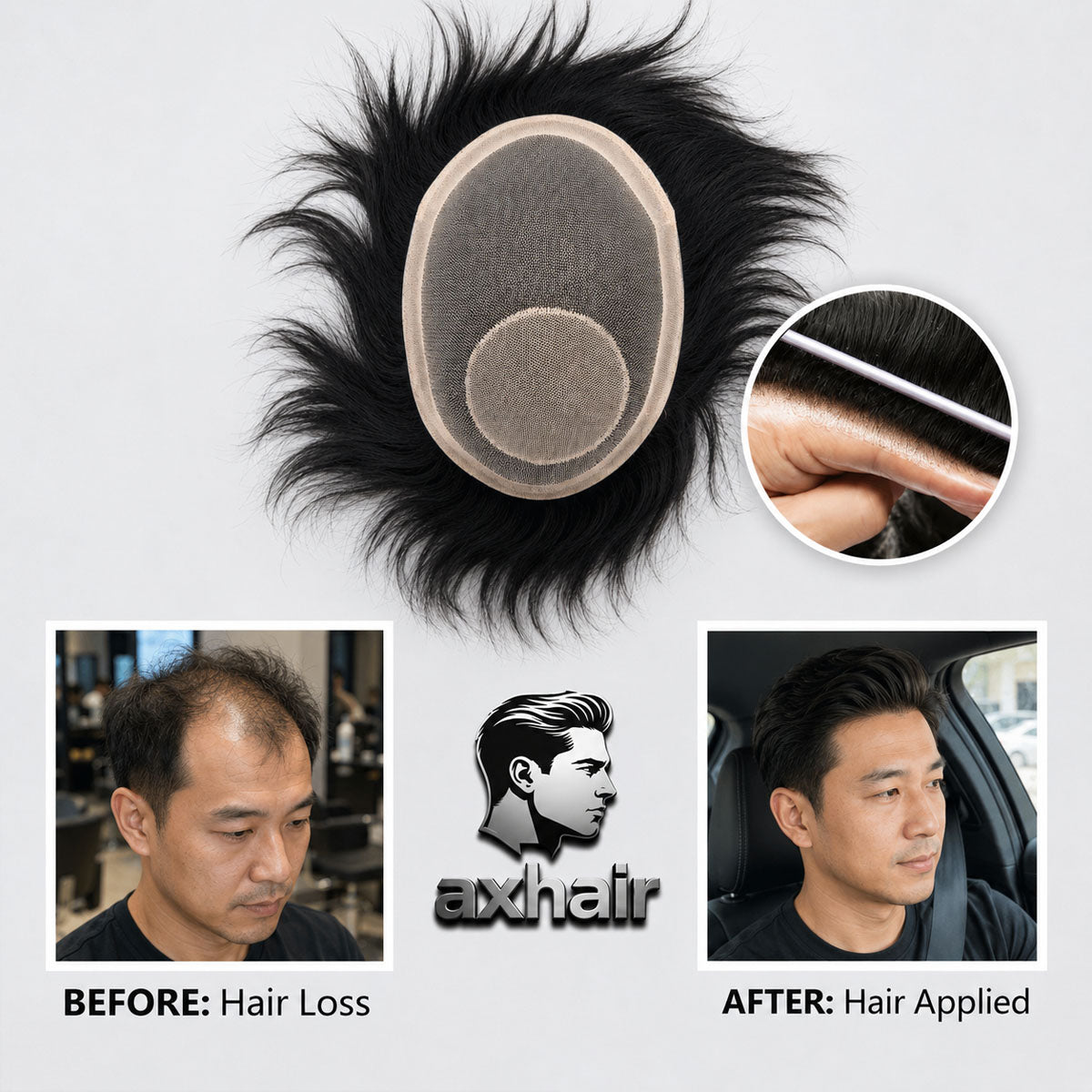 Men's hairpiece wig with oval gray scalp base and voluminous black hair, strand-detail inset
