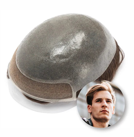 Men's lace-front hair topper with skin in back, dark brown hair and gray base