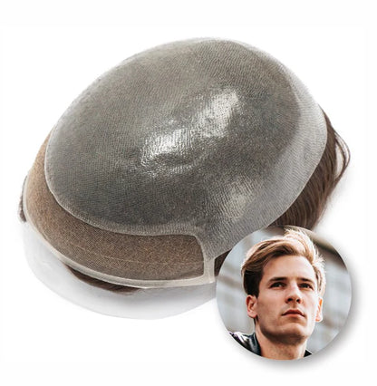 Men's lace-front hair topper with skin in back, dark brown hair and gray base