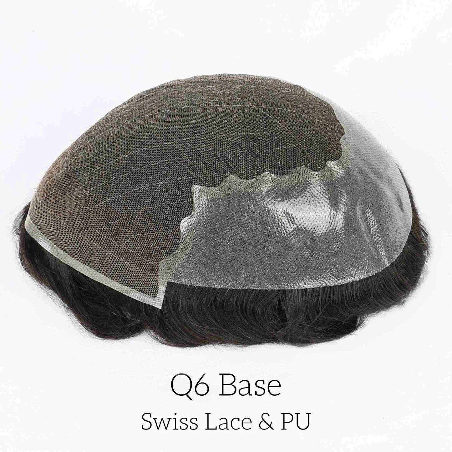 Q6 base Men's Non Surgical Hair Replacement  Swiss Lace With Skin Poly Back and Middle Best for Gym