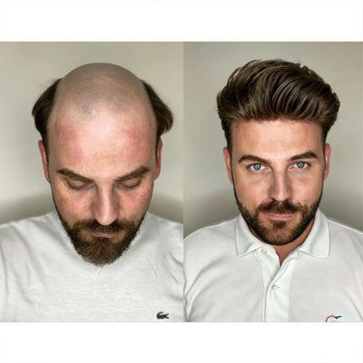 Men's lace hairline wig on wearer, dark brown styled hair, natural hairline