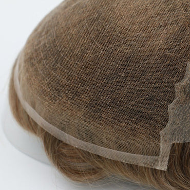 Close-up of Swiss lace and skin-poly backing on a men's hair replacement base