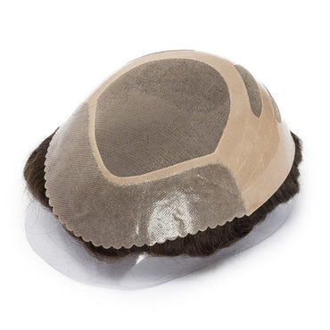 Mono base hairpiece, dark hair with beige mesh top and stitched shape