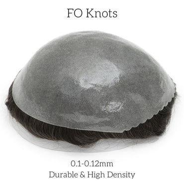 Men's skin-base hair unit with dark hair and 0.1–0.12mm double knots, full cap