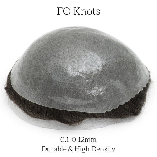 Men's skin-base hair unit with dark hair and 0.1–0.12mm double knots, full cap