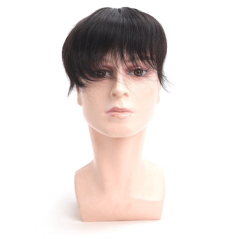 Dark hair clip-on hairpiece with lace-front edge and straight bangs
