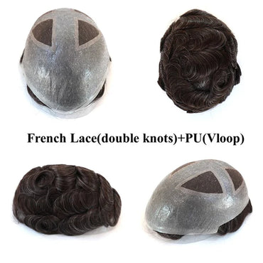 French lace hair system with gray lace cap and dark wavy hair, view angles