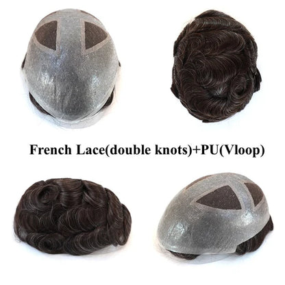 French lace hair system with gray lace cap and dark wavy hair, view angles