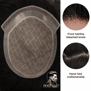 Lace front hairpiece base showing Swiss mesh with visible hand-tied knots