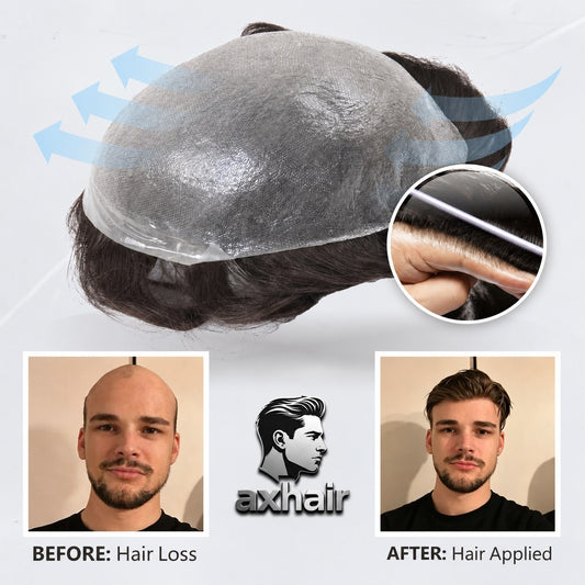 Men's ultra-thin hair system with transparent base, dark hair, V-loop style