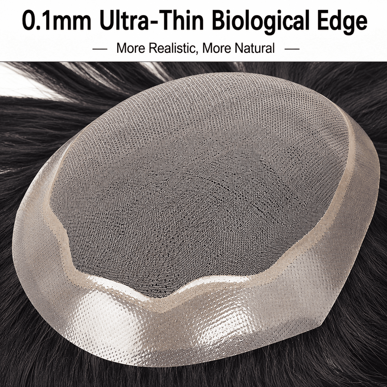 Close-up of ultra-thin mesh edge on a hairpiece base for a natural look