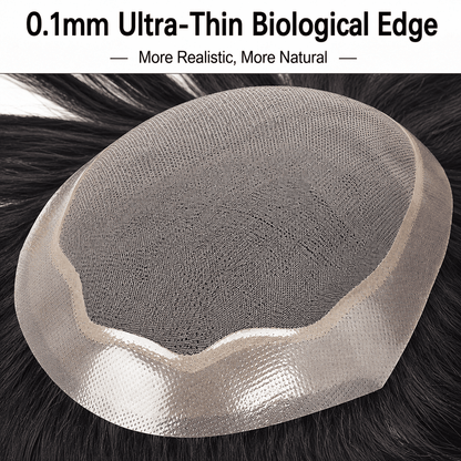 Close-up of ultra-thin mesh edge on a hairpiece base for a natural look