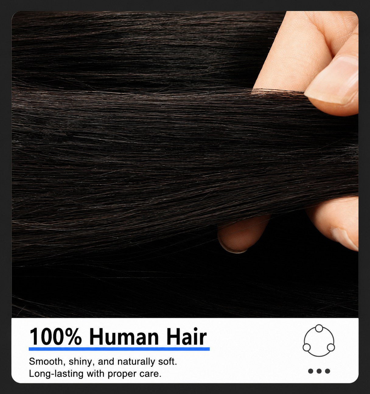 Human hair weft with long dark strands, smooth natural-looking texture