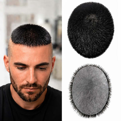High-end men’s hand-tied, bleached, clip-on, natural-looking, invisible real-hair hairpiece; lace front, Swiss mesh, bleached, clip-on, hand-woven hairpiece for the forehead