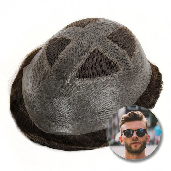 French lace hair system showing a gray mesh cap and dark wavy hair